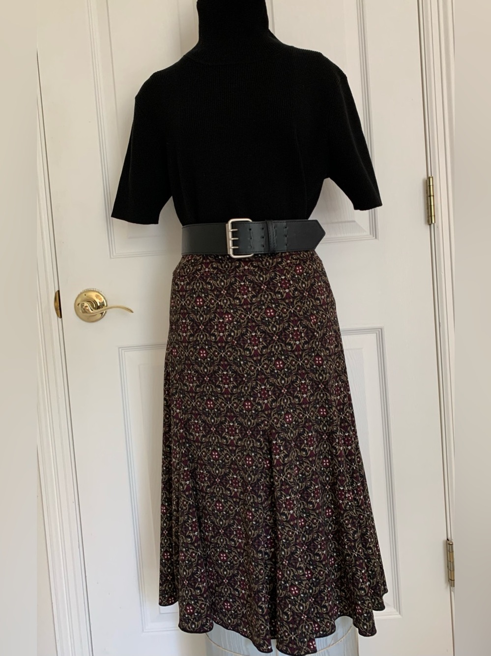 Y2K Charter Club Floral Medallion Midi Skirt Black Burgundy Size P/M